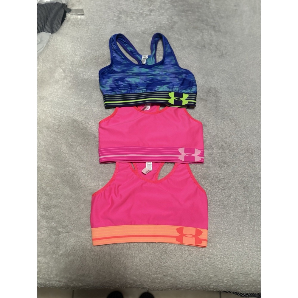 New Under Armour Women's Lot Of 3 Pink Blue Sports Bras Paddless XS Bundle g